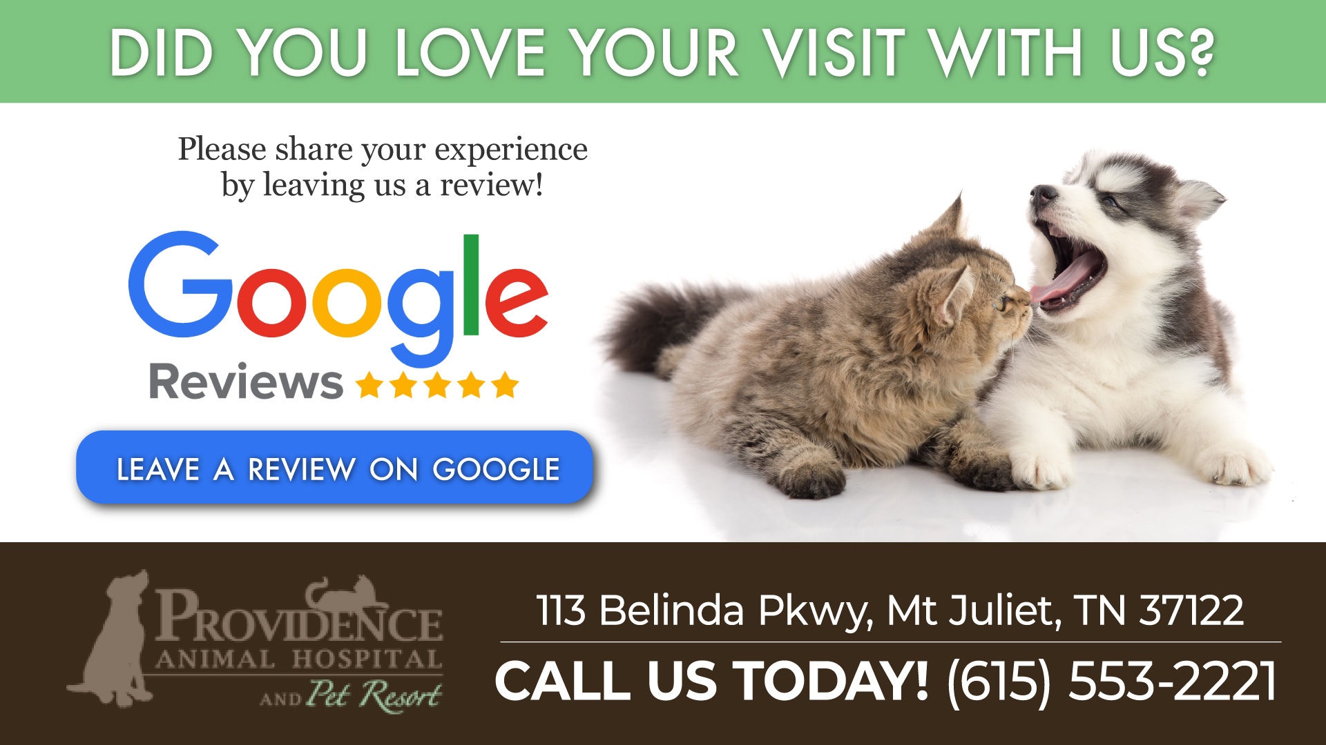 Review Us in Mt. Juliet, TN | Providence Animal Hospital and Pet Resort